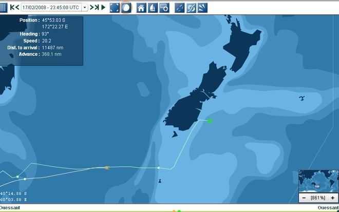Groupama’s track towards New Zealand. The position shown off Dunedin is close to the point of her rescue. © SW